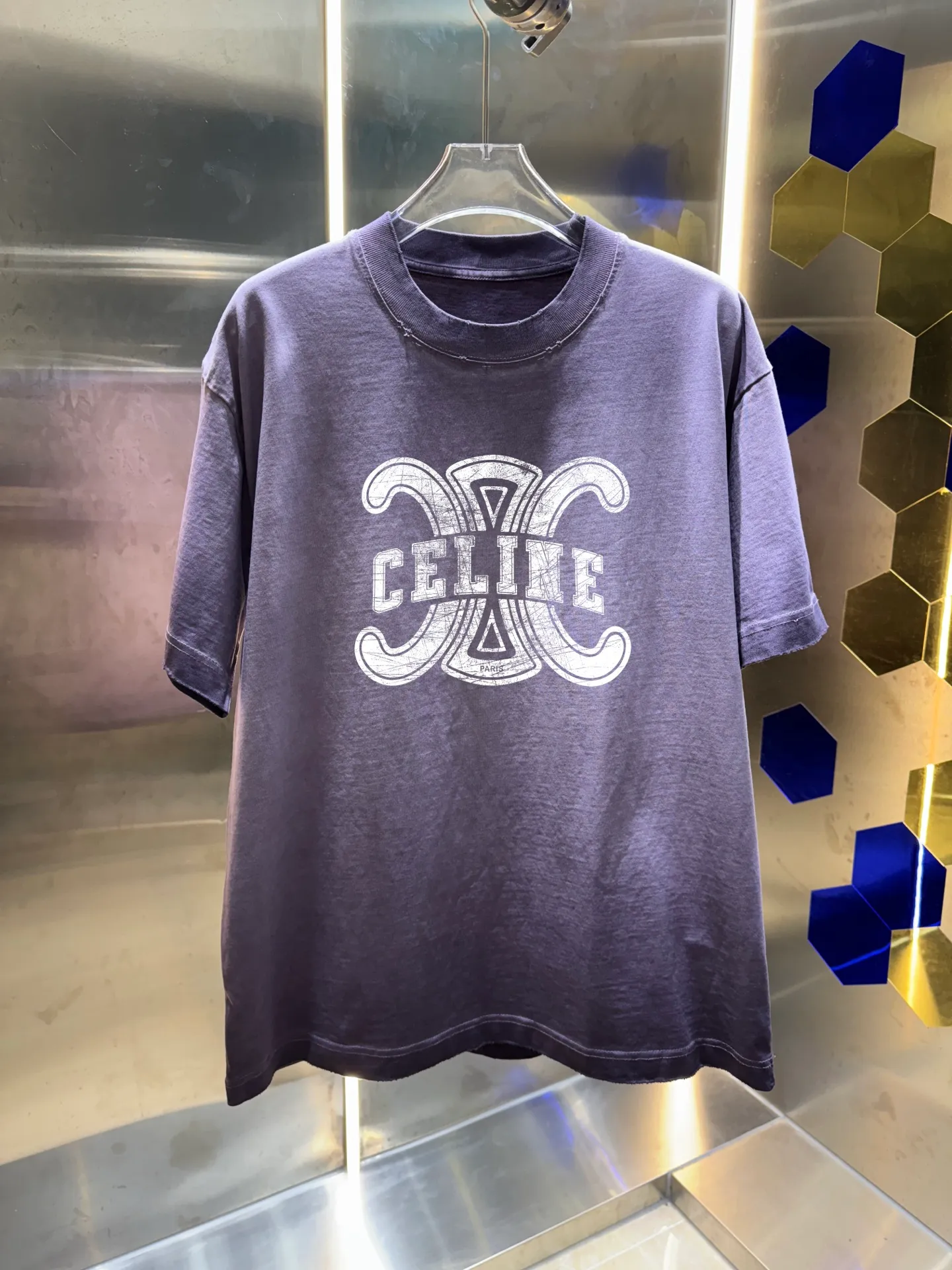 Celi*ne Celine Celin 2026 Spring and Summer Simple Letters Personalized Logo Customized Double Yarn Plain Cotton Fabric Short-sleeved T-shirt Men and Women Same Style Hangtag Collar Label Washed Mark Three Complete Labels Colors: Washed Black Washed White Washed Gray Washed Purple Sizes: S M L XL XXL